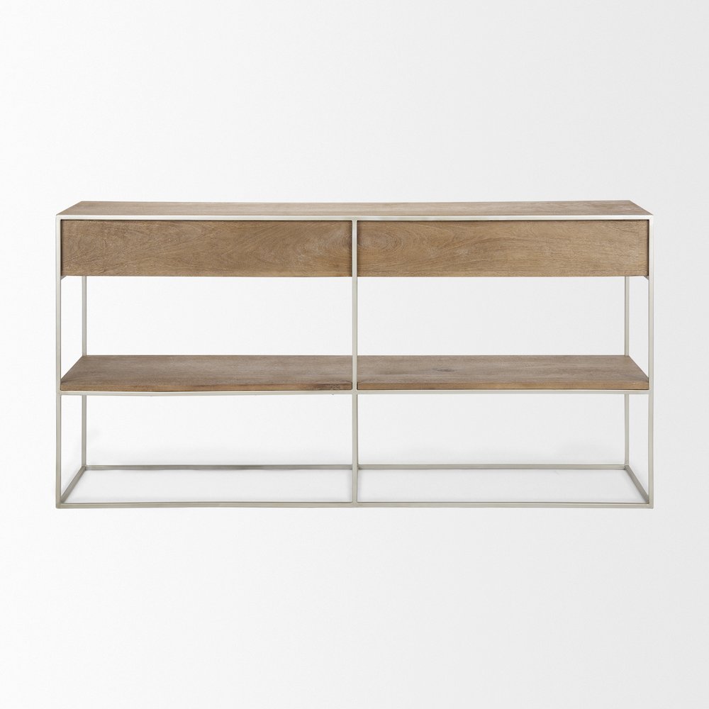 Brown Wood Silver Metal Frame 2 Drawer Console Table. Picture 10