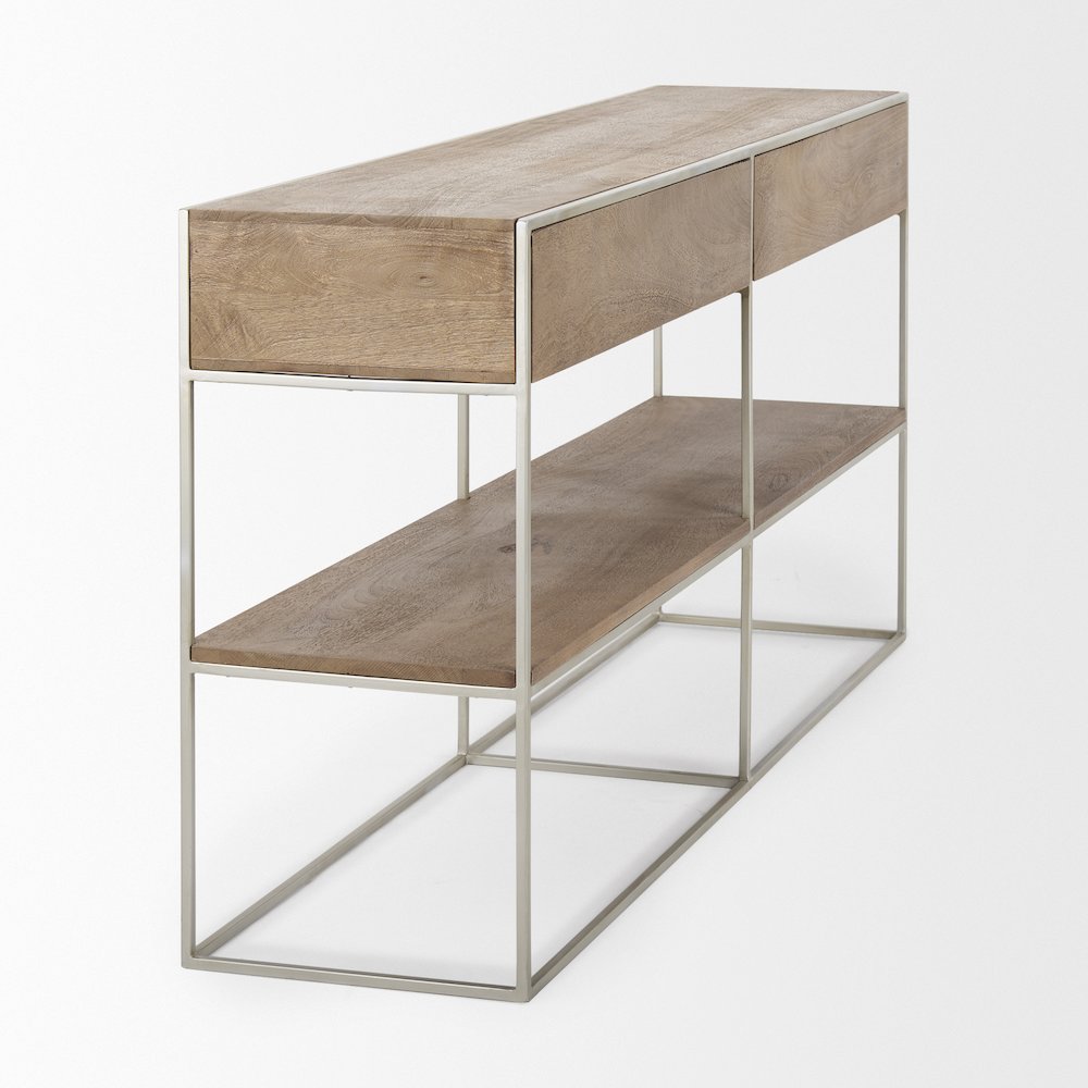 Brown Wood Silver Metal Frame 2 Drawer Console Table. Picture 11