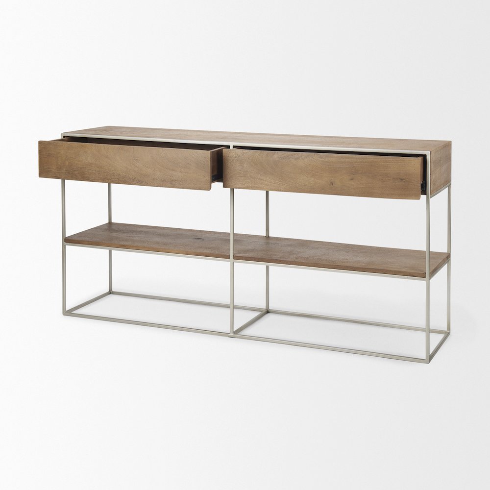 Brown Wood Silver Metal Frame 2 Drawer Console Table. Picture 12