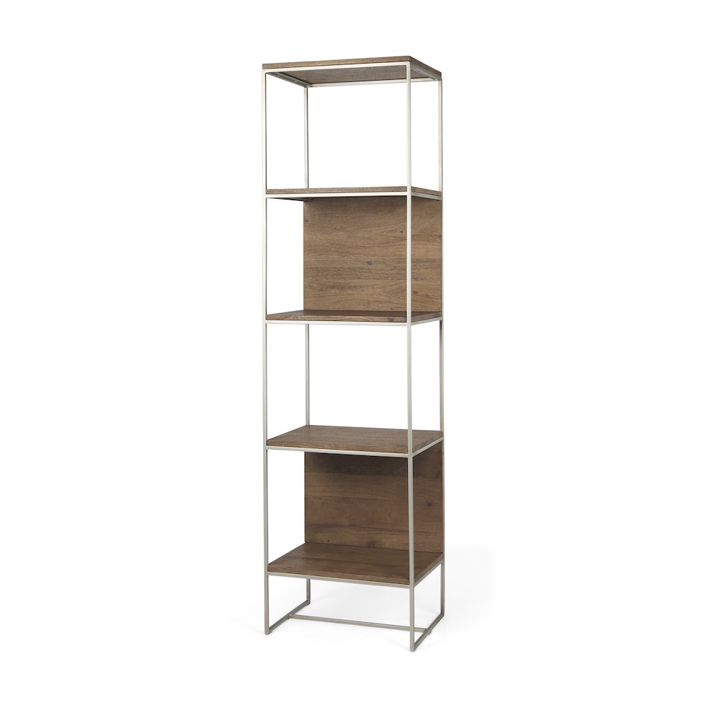 19.75 X 15 X 72.5 Brown Wood And Silver Metal Frame 4 Shelf Shelving Unit. Picture 1