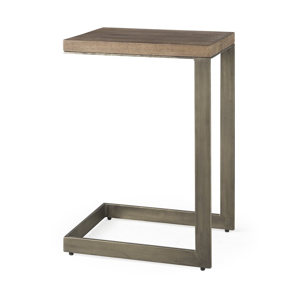 Faye Medium Brown Wood Antique Nickel Finished Metal Base C Side Table. Picture 1