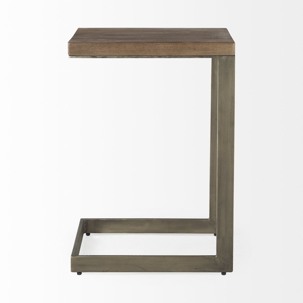 Faye Medium Brown Wood Antique Nickel Finished Metal Base C Side Table. Picture 3