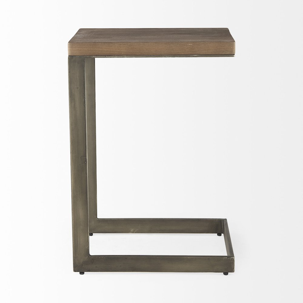 Faye Medium Brown Wood Antique Nickel Finished Metal Base C Side Table. Picture 5