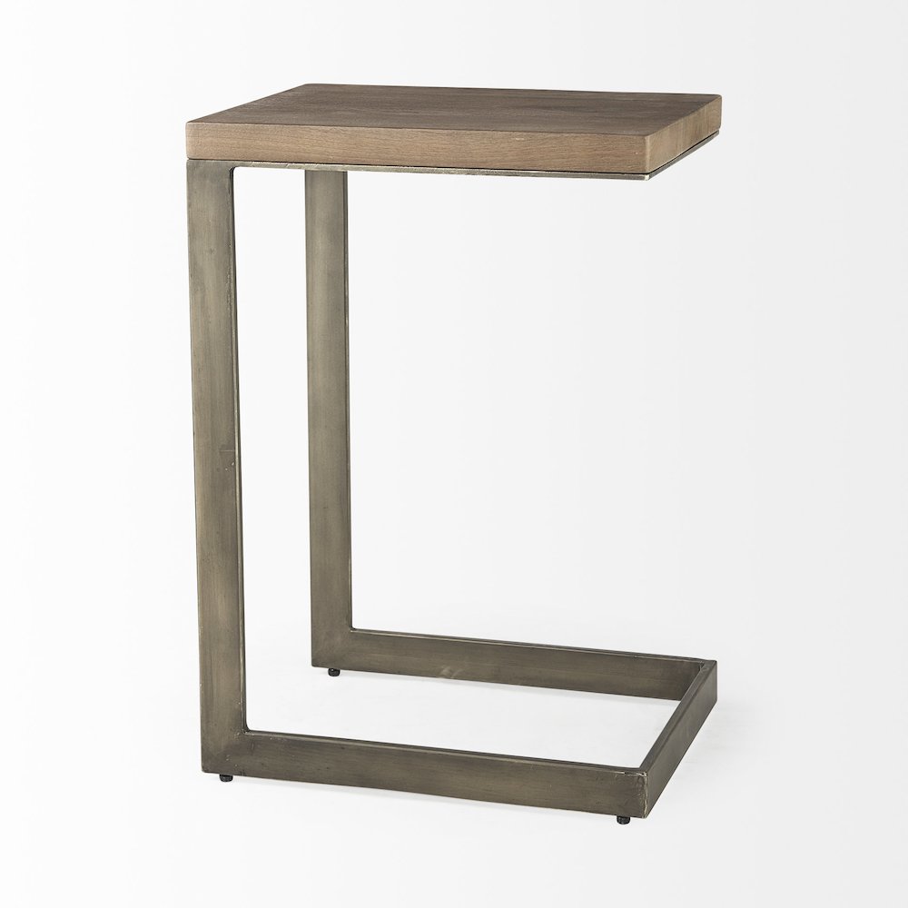 Faye Medium Brown Wood Antique Nickel Finished Metal Base C Side Table. Picture 6