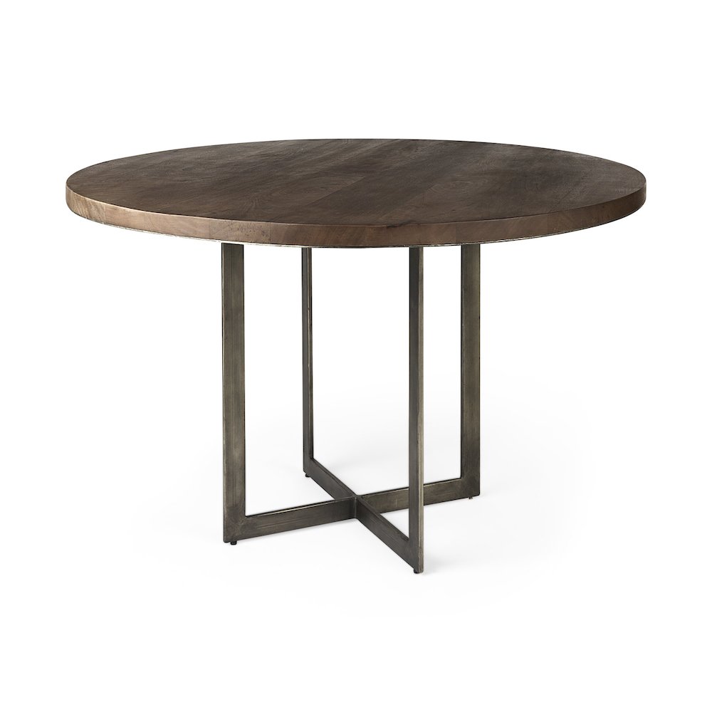 48L X 48W X 30H Medium Brown Woodantique Nickel Metal Base Round Dining Table. Picture 1