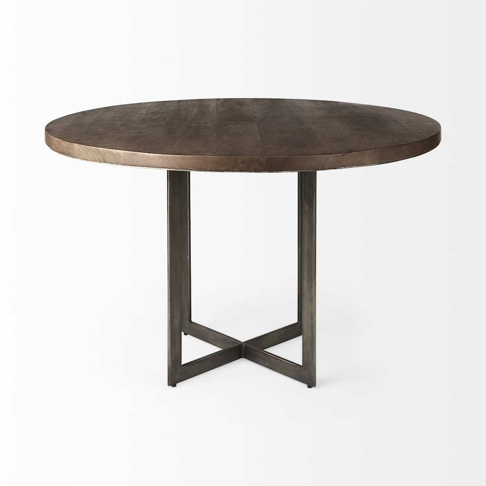 48L X 48W X 30H Medium Brown Woodantique Nickel Metal Base Round Dining Table. Picture 3