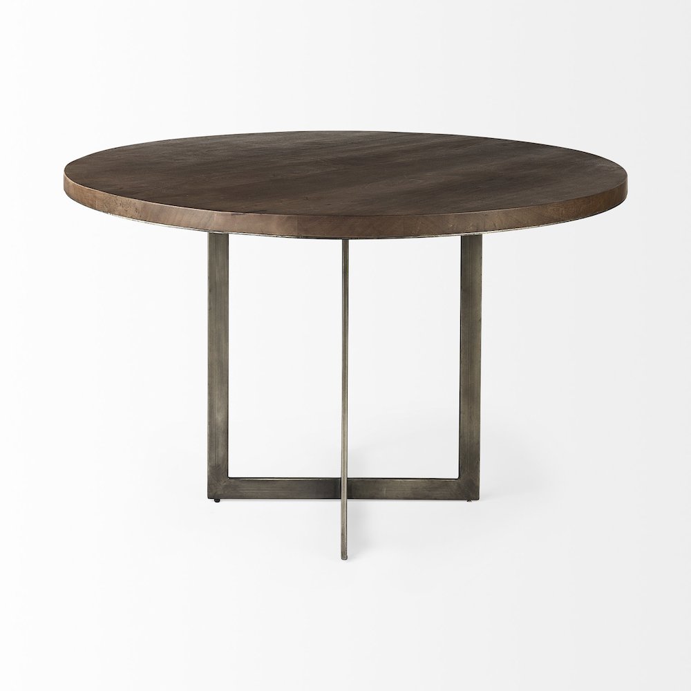 48L X 48W X 30H Medium Brown Woodantique Nickel Metal Base Round Dining Table. Picture 4