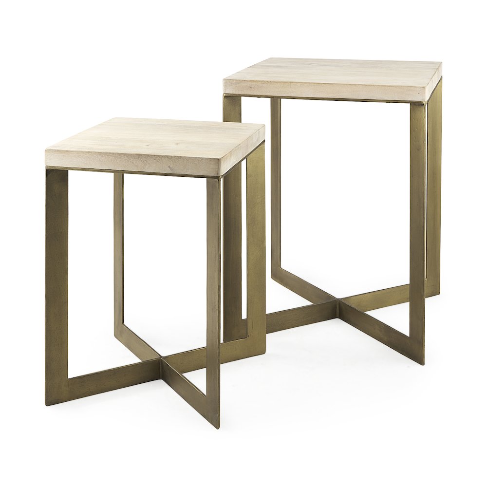 (Set Of 2) 19L X 19W X 26H Beige Finished Wood Gold Metal Base Accent Tables. Picture 1