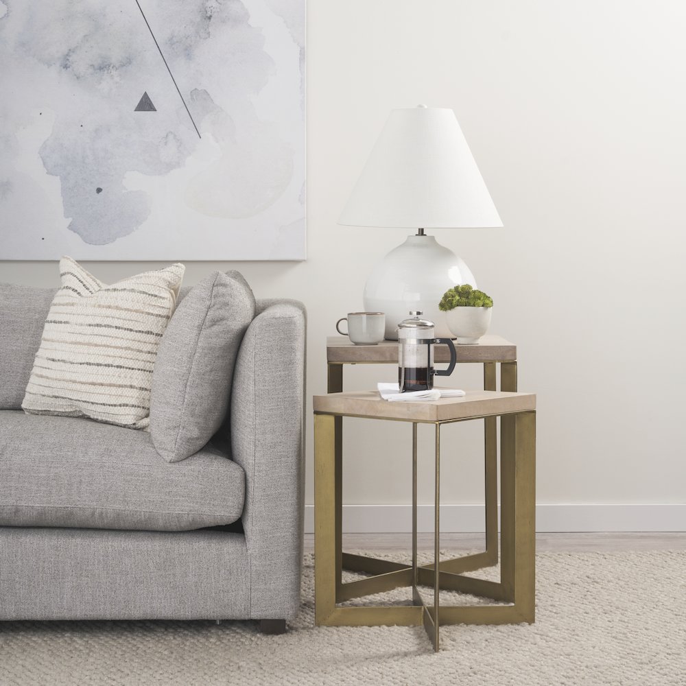 (Set Of 2) 19L X 19W X 26H Beige Finished Wood Gold Metal Base Accent Tables. Picture 5