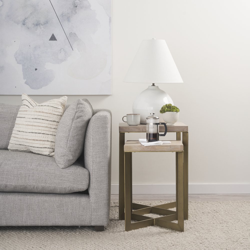 (Set Of 2) 19L X 19W X 26H Beige Finished Wood Gold Metal Base Accent Tables. Picture 6
