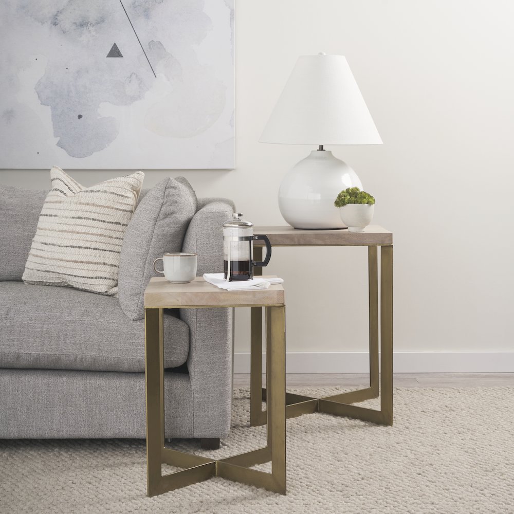 (Set Of 2) 19L X 19W X 26H Beige Finished Wood Gold Metal Base Accent Tables. Picture 7