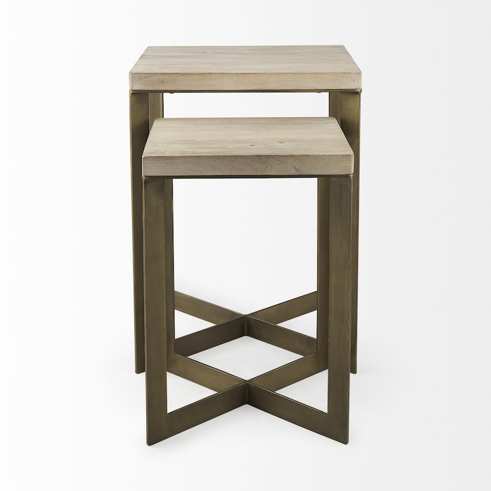 (Set Of 2) 19L X 19W X 26H Beige Finished Wood Gold Metal Base Accent Tables. Picture 9