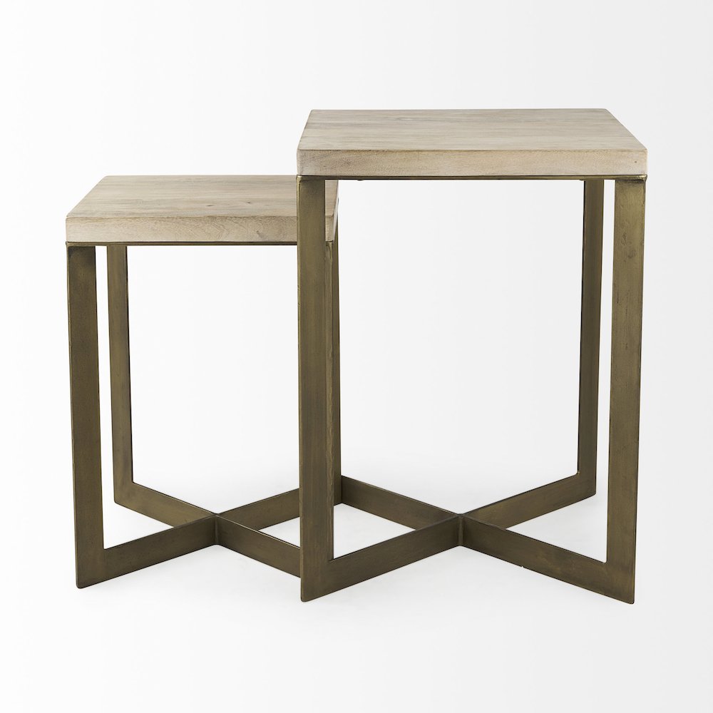 (Set Of 2) 19L X 19W X 26H Beige Finished Wood Gold Metal Base Accent Tables. Picture 10