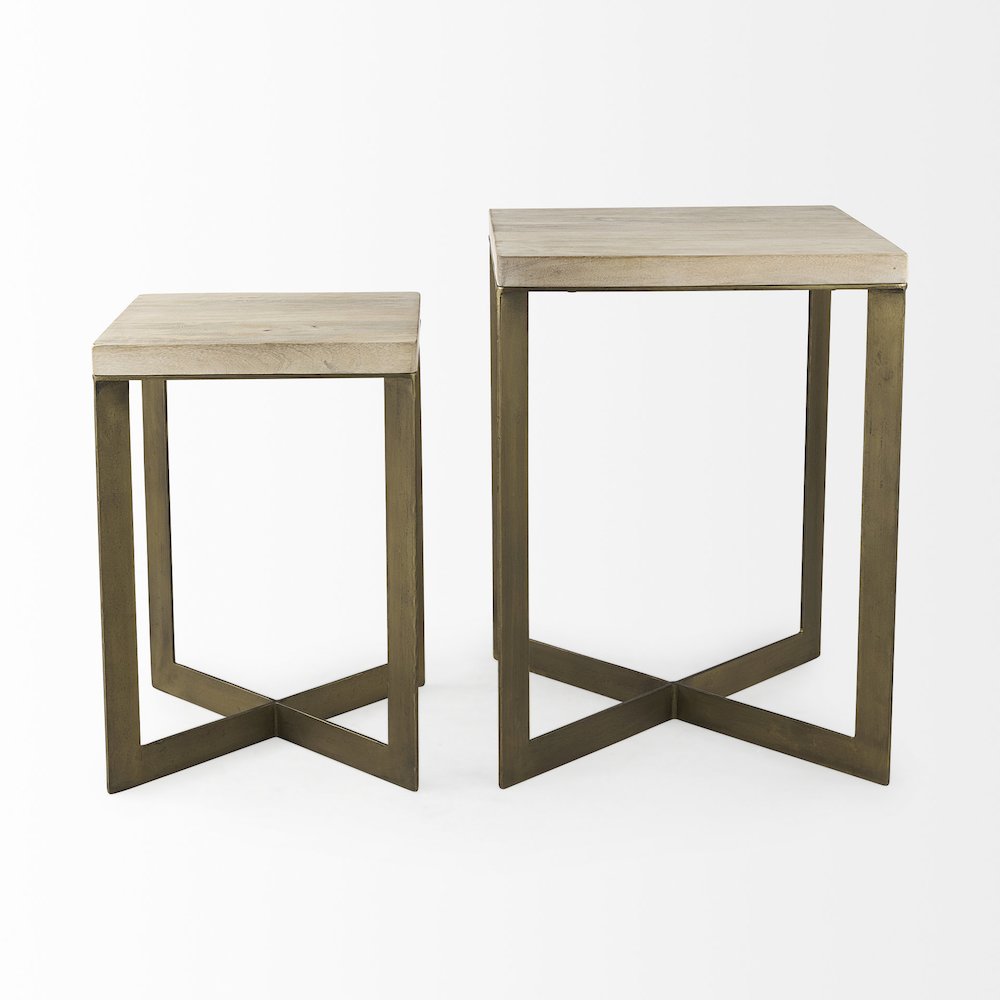 (Set Of 2) 19L X 19W X 26H Beige Finished Wood Gold Metal Base Accent Tables. Picture 11