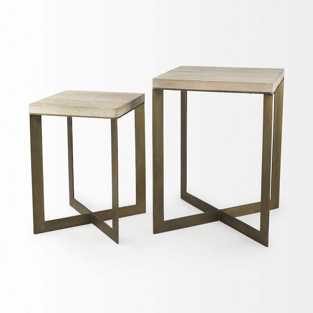 (Set Of 2) 19L X 19W X 26H Beige Finished Wood Gold Metal Base Accent Tables. Picture 12
