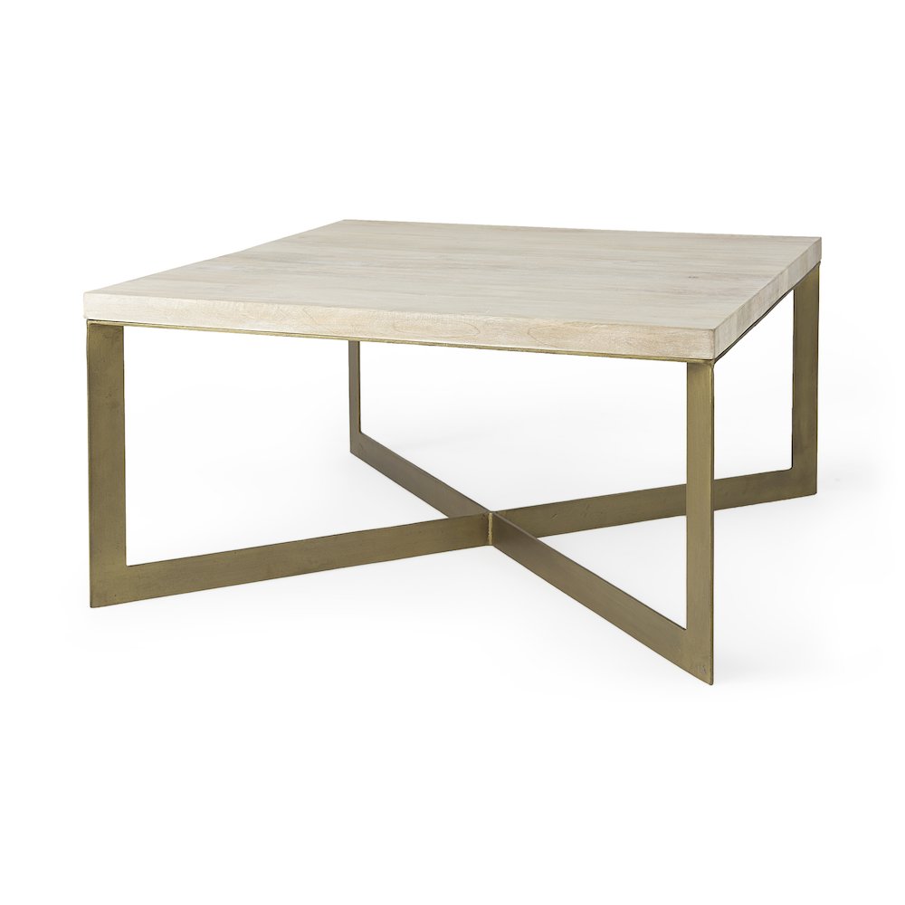 Beige Finished Woodgold Metal Base Square Coffee Table. Picture 1