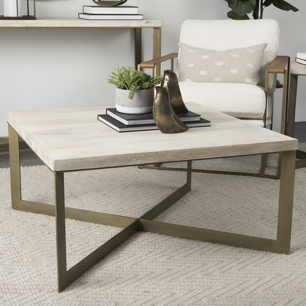Beige Finished Woodgold Metal Base Square Coffee Table. Picture 5