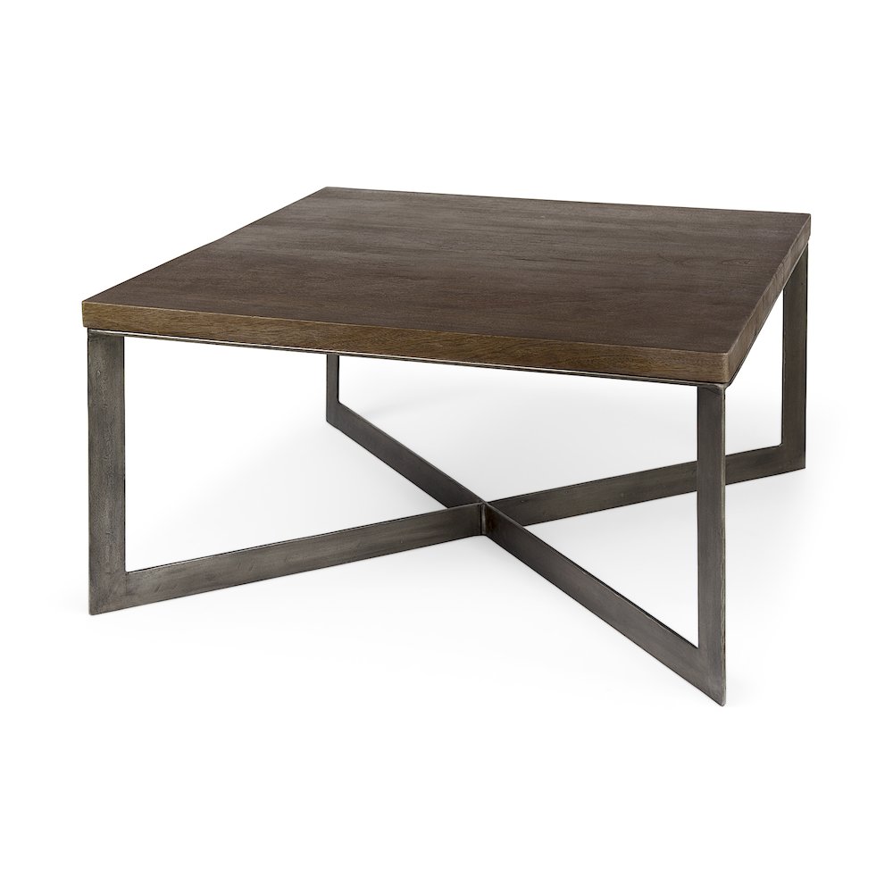 Medium Brown Woodantique Nickel Metal Base Square Coffee Table. Picture 1