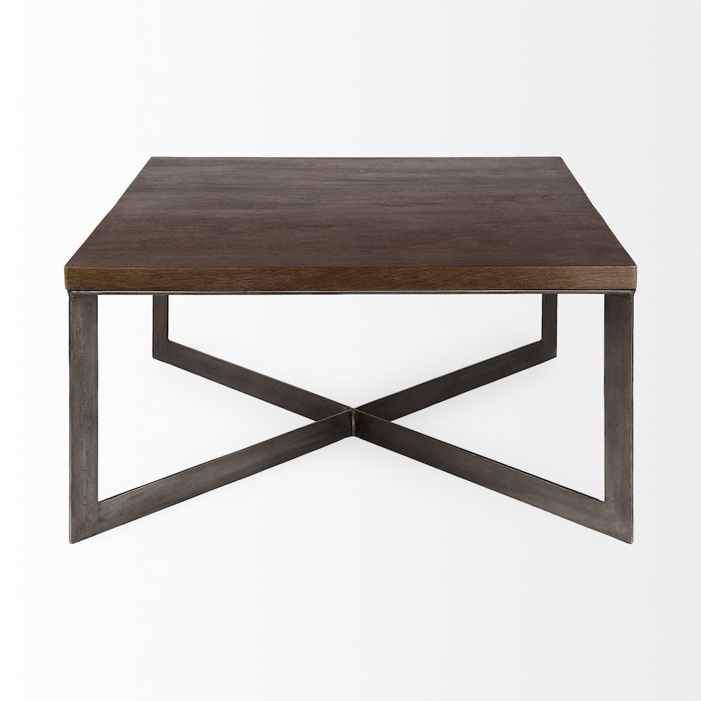 Medium Brown Woodantique Nickel Metal Base Square Coffee Table. Picture 3