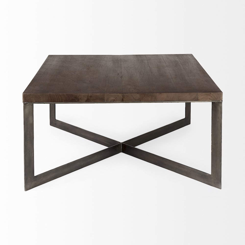 Medium Brown Woodantique Nickel Metal Base Square Coffee Table. Picture 4