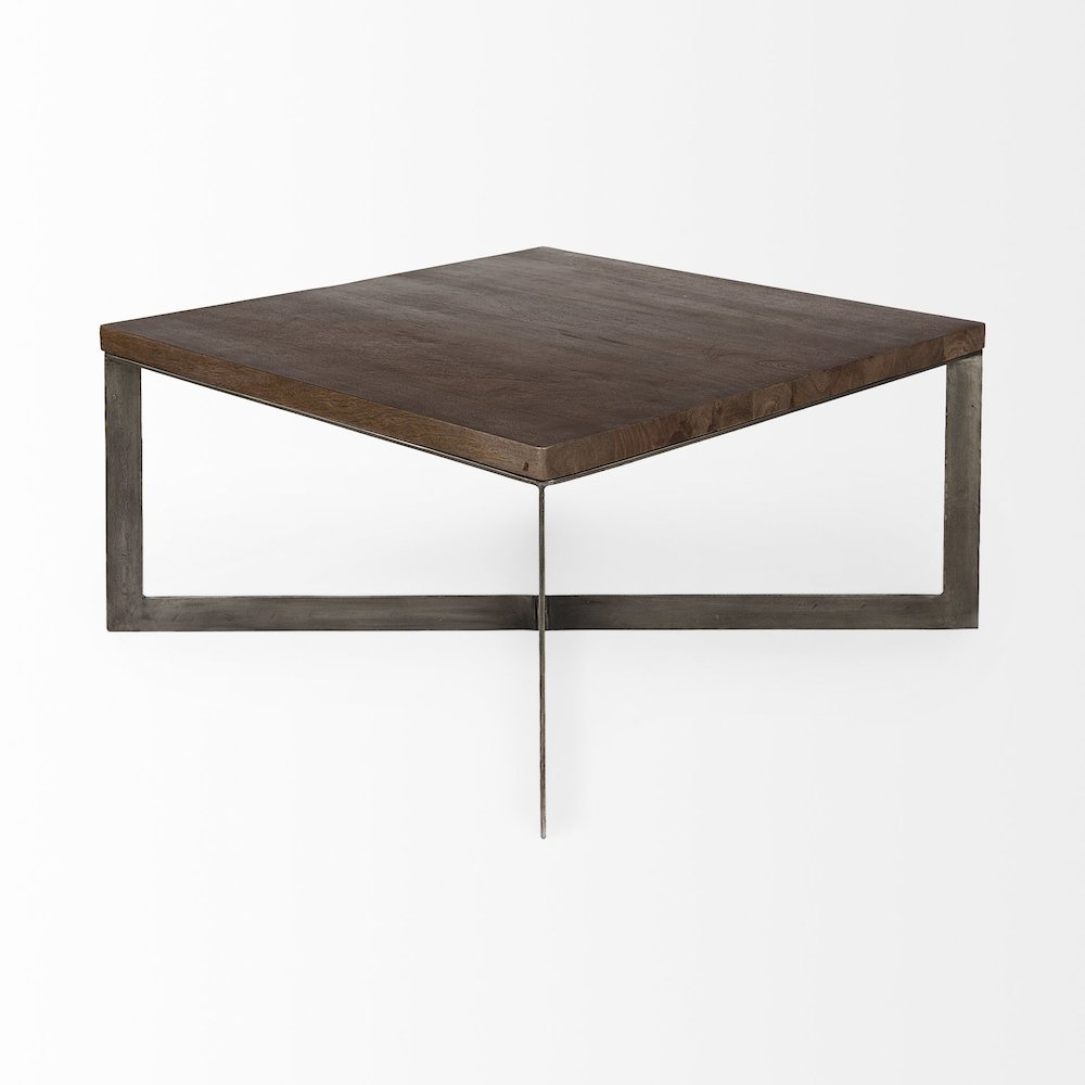 Medium Brown Woodantique Nickel Metal Base Square Coffee Table. Picture 5