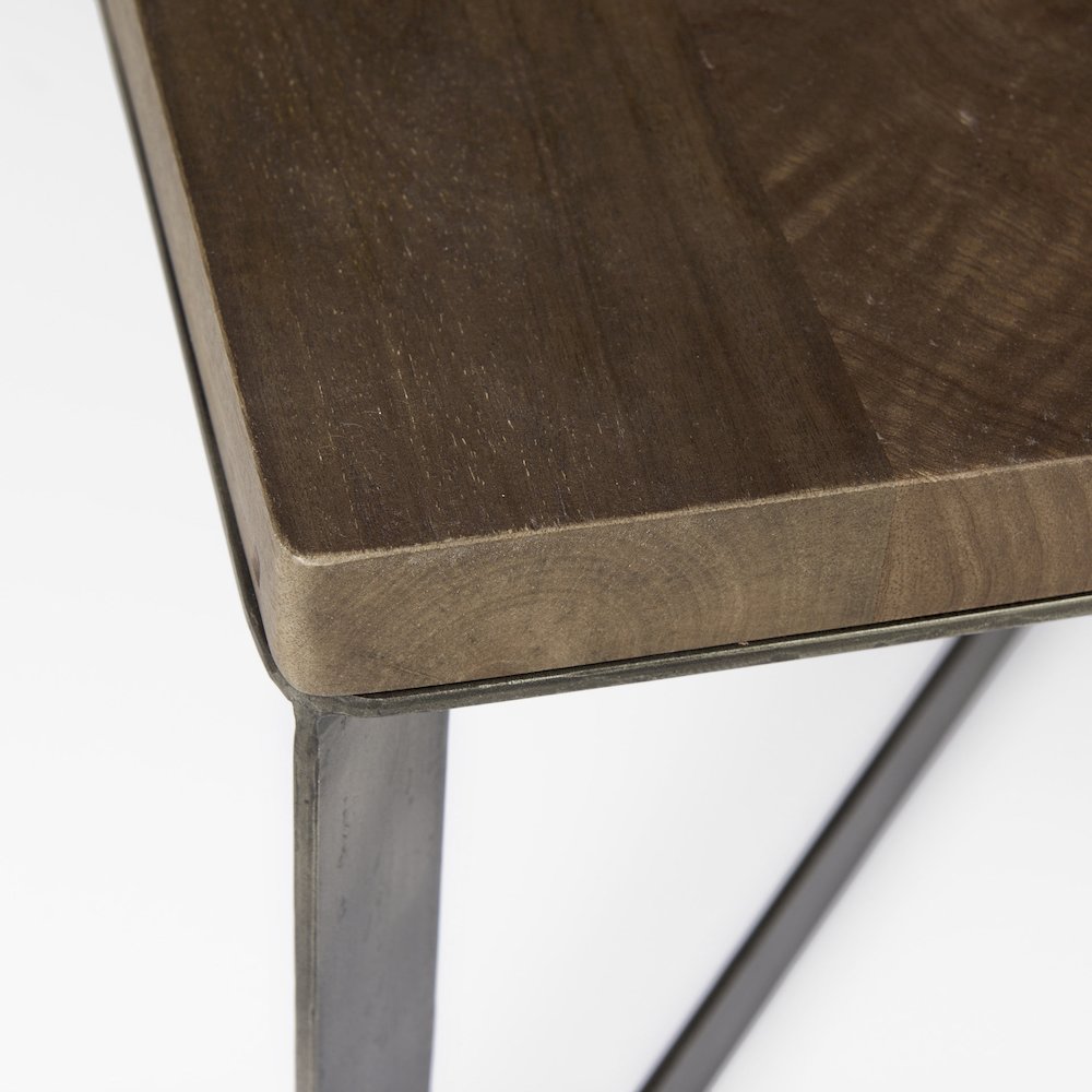 Medium Brown Woodantique Nickel Metal Base Square Coffee Table. Picture 6