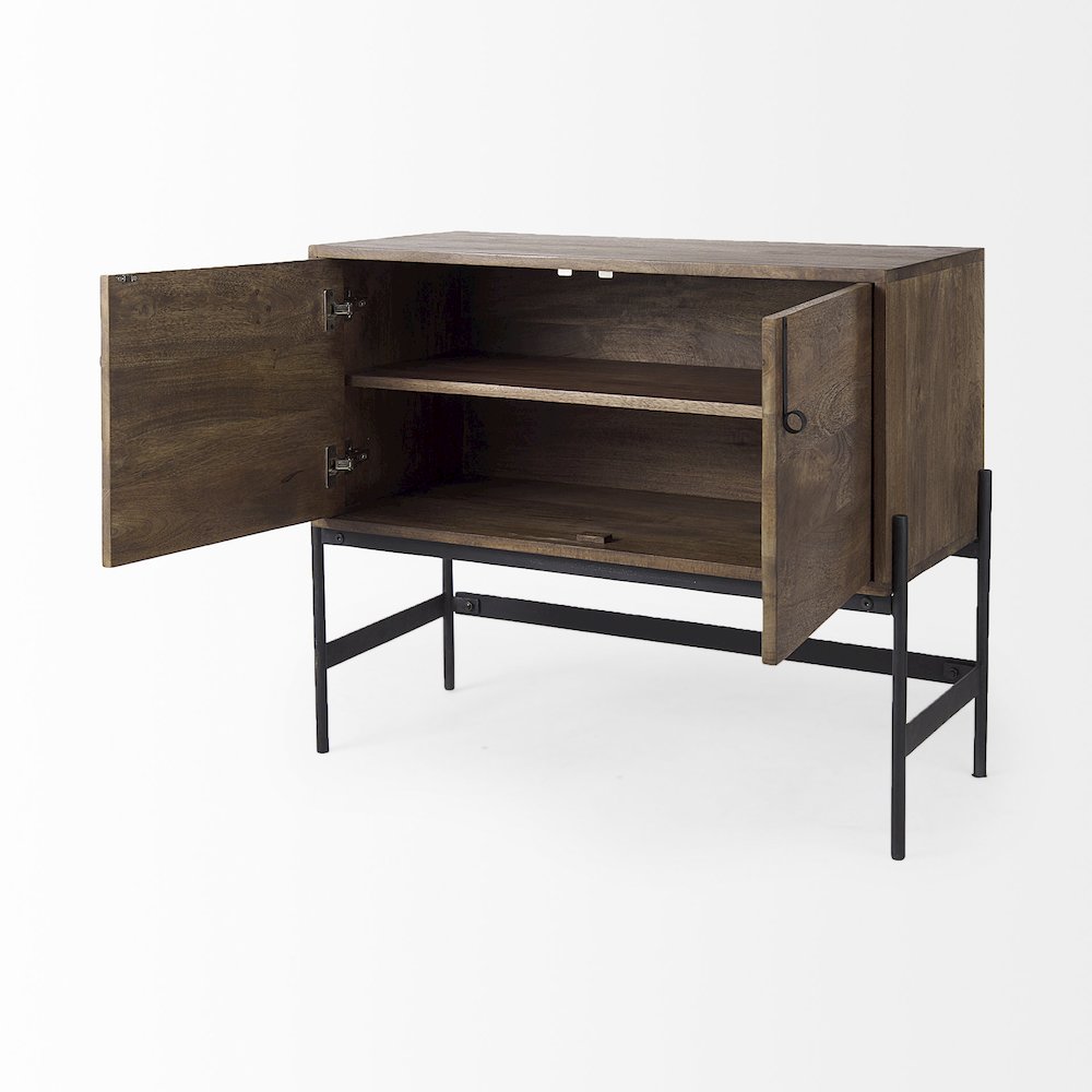 38L X 16W X 30H Dark Brown Wood Black Iron Frame, 2 Door Accent Cabinet. Picture 9