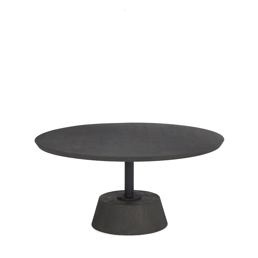 Dark Brown Wood Black Metal Pedestal Base Round Coffee Table. Picture 1