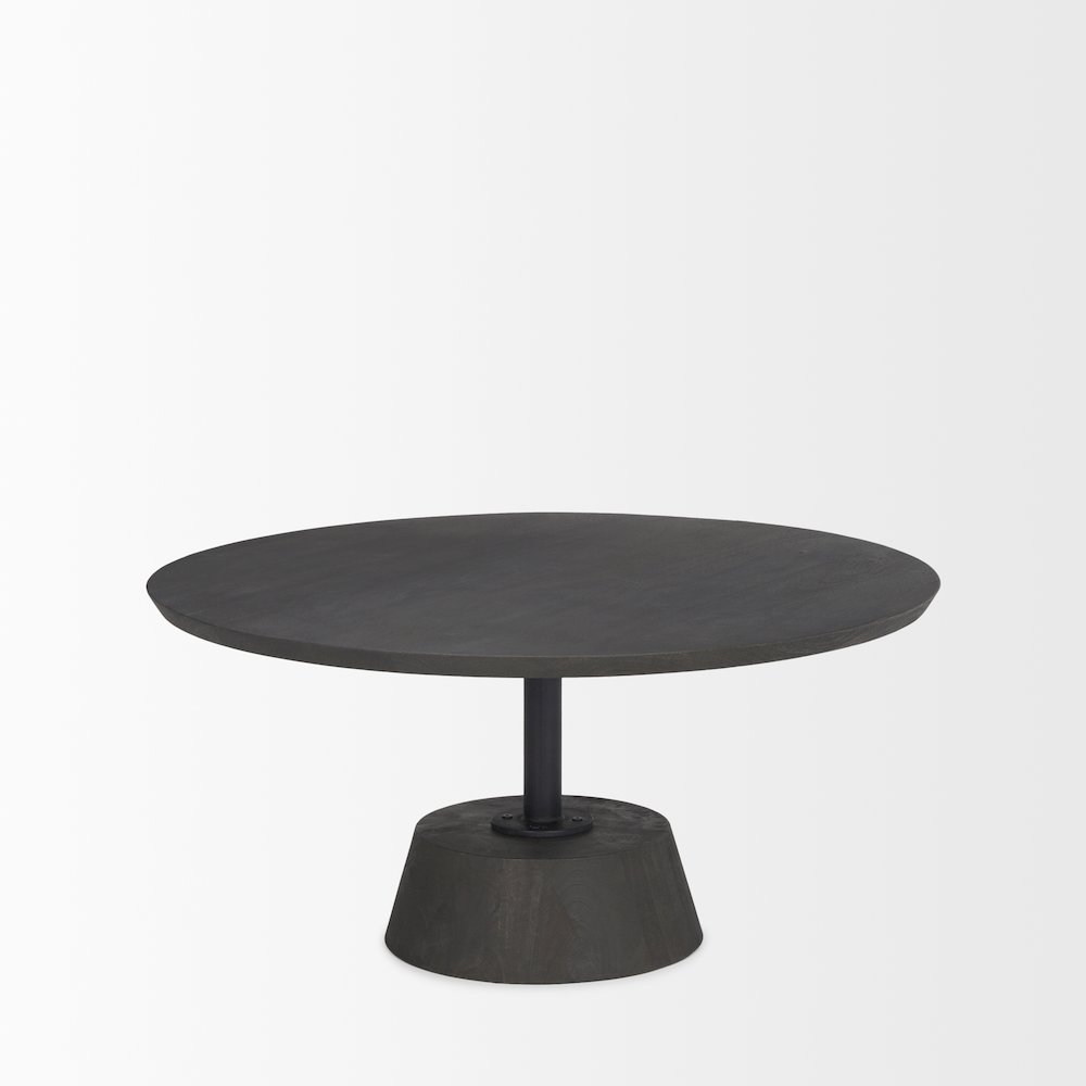 Dark Brown Wood Black Metal Pedestal Base Round Coffee Table. Picture 5