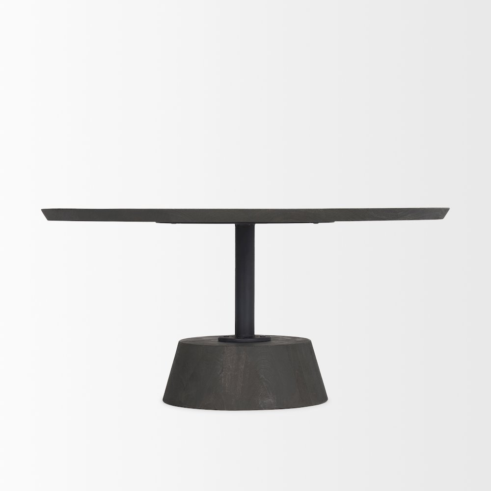 Dark Brown Wood Black Metal Pedestal Base Round Coffee Table. Picture 6