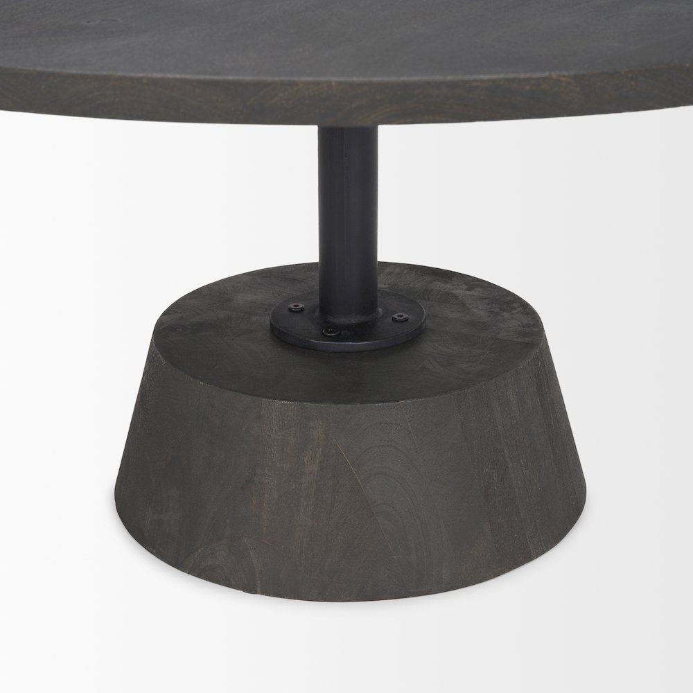 Dark Brown Wood Black Metal Pedestal Base Round Coffee Table. Picture 9