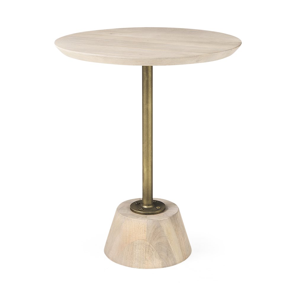 Maxwell 20" Round Light Brown Wood Gold Metal Pedestal Side Table. Picture 1