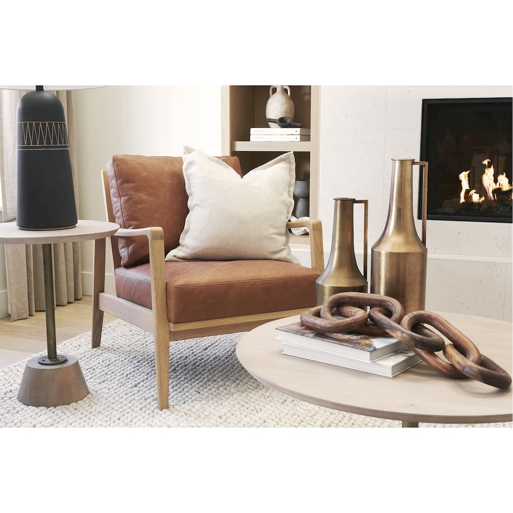 Maxwell 20" Round Light Brown Wood Gold Metal Pedestal Side Table. Picture 5