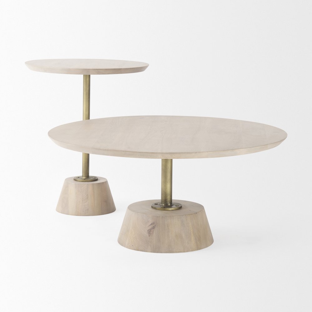 Maxwell 20" Round Light Brown Wood Gold Metal Pedestal Side Table. Picture 9