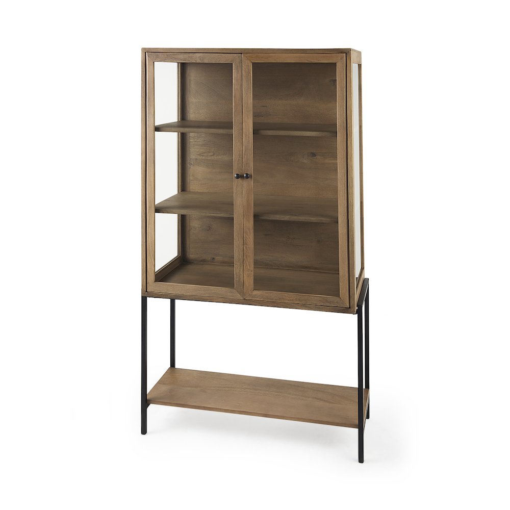 36L X 18W X 63H Light Brown Wood Black Metal Base Display Cabinet. Picture 1
