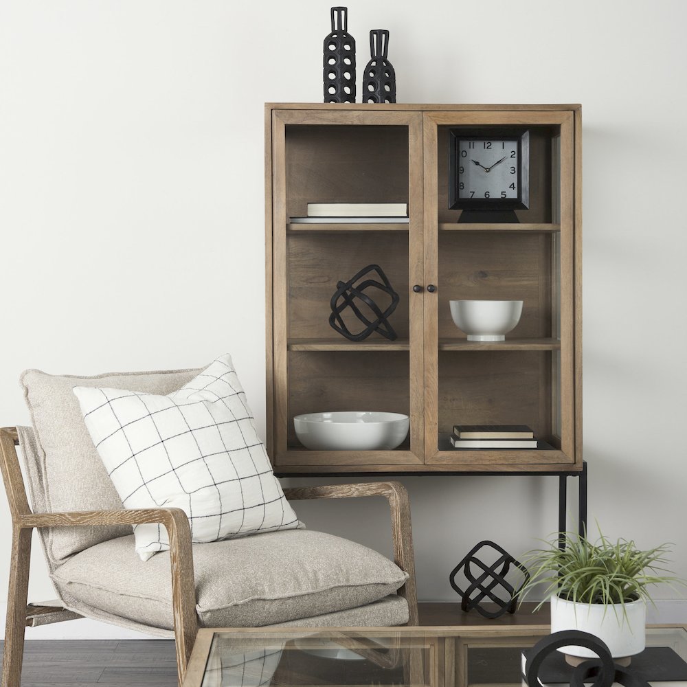 36L X 18W X 63H Light Brown Wood Black Metal Base Display Cabinet. Picture 7
