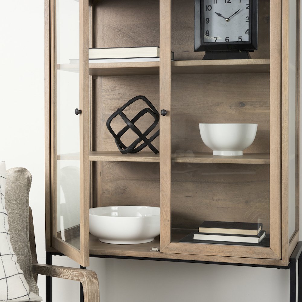 36L X 18W X 63H Light Brown Wood Black Metal Base Display Cabinet. Picture 8