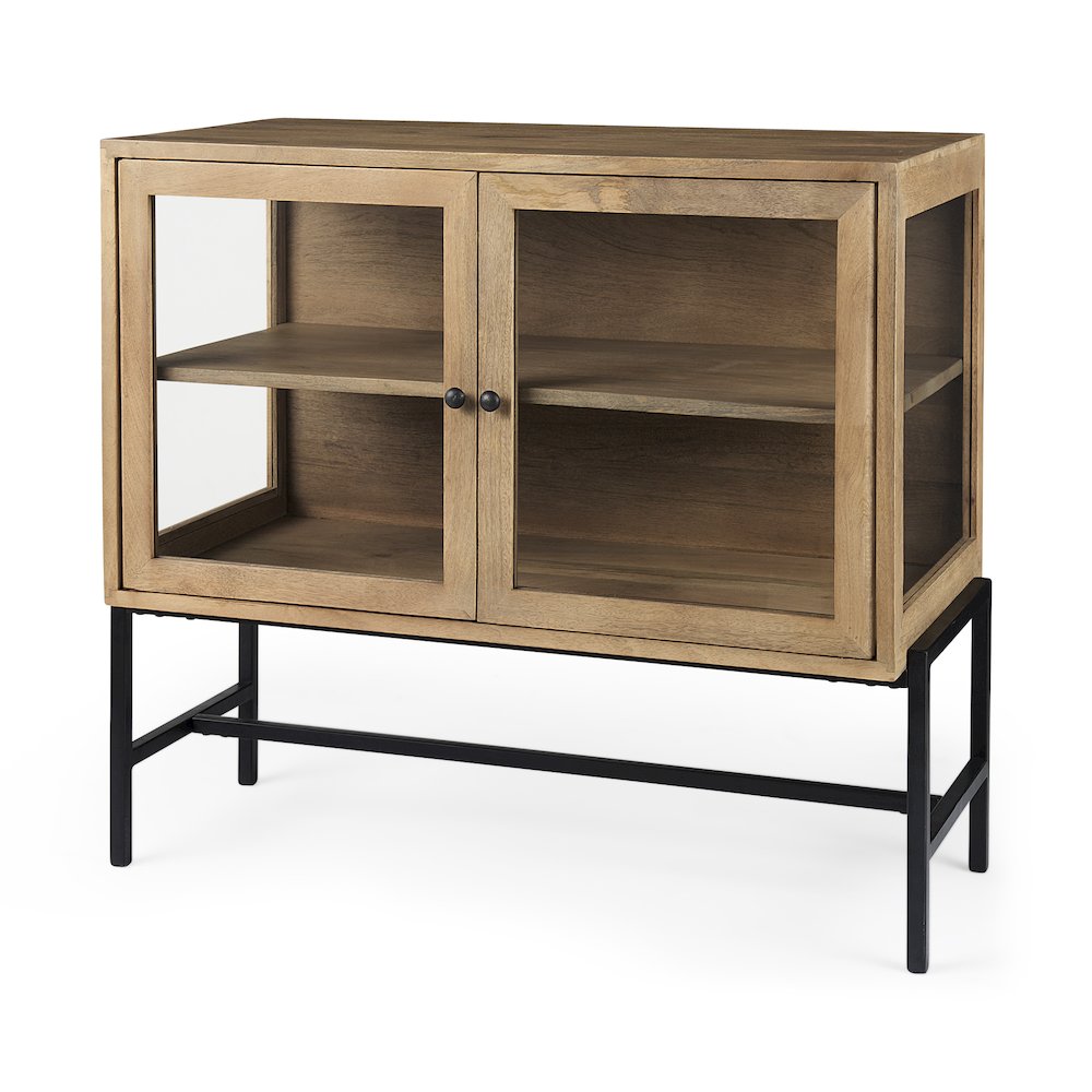 36L X 18W X 32H Light Brown Wood, Black Metal Base 2 Glass Doors Accent Cabinet. Picture 1