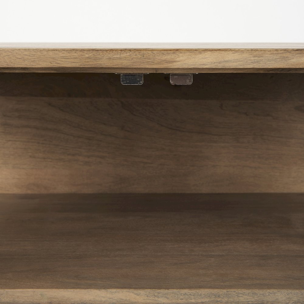 36L X 18W X 32H Light Brown Wood, Black Metal Base 2 Glass Doors Accent Cabinet. Picture 2