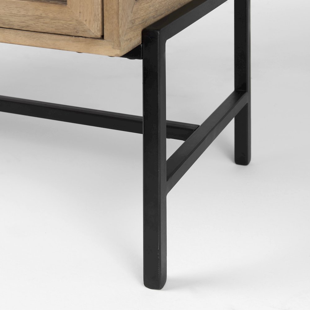 36L X 18W X 32H Light Brown Wood, Black Metal Base 2 Glass Doors Accent Cabinet. Picture 3