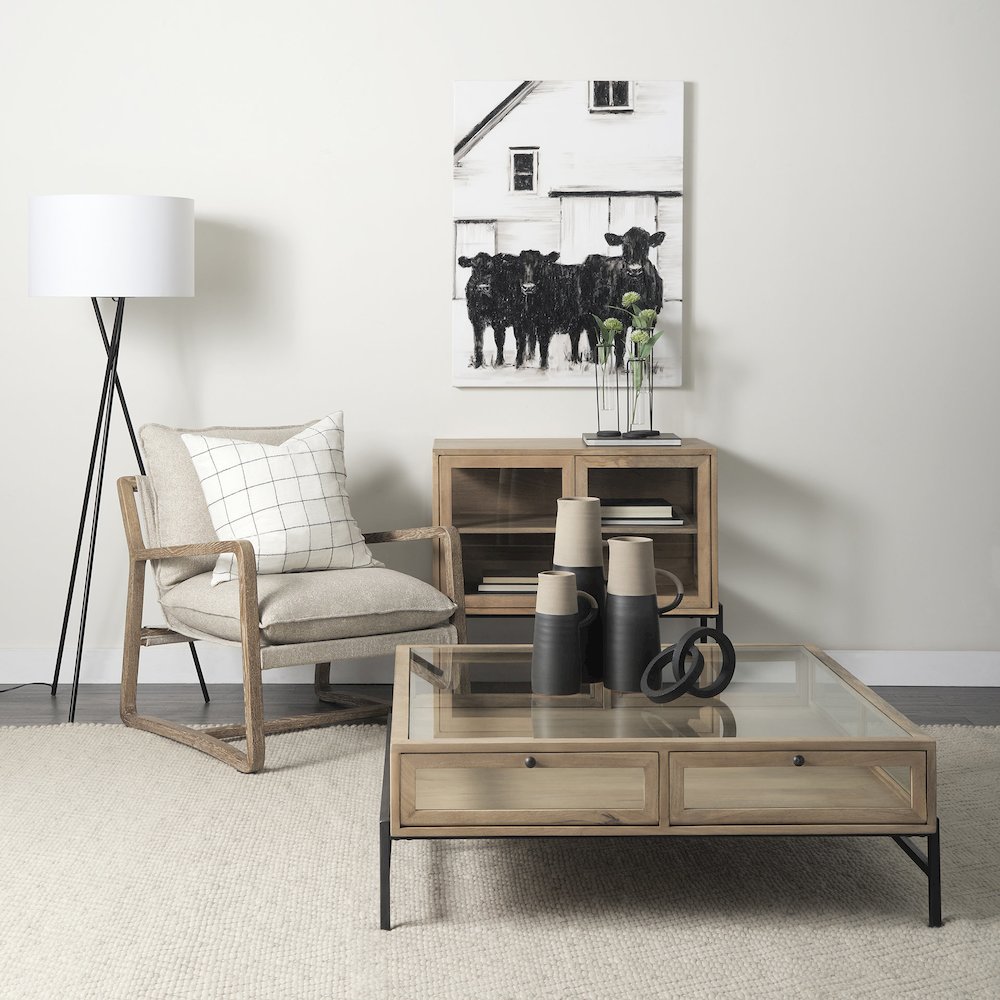 36L X 18W X 32H Light Brown Wood, Black Metal Base 2 Glass Doors Accent Cabinet. Picture 4