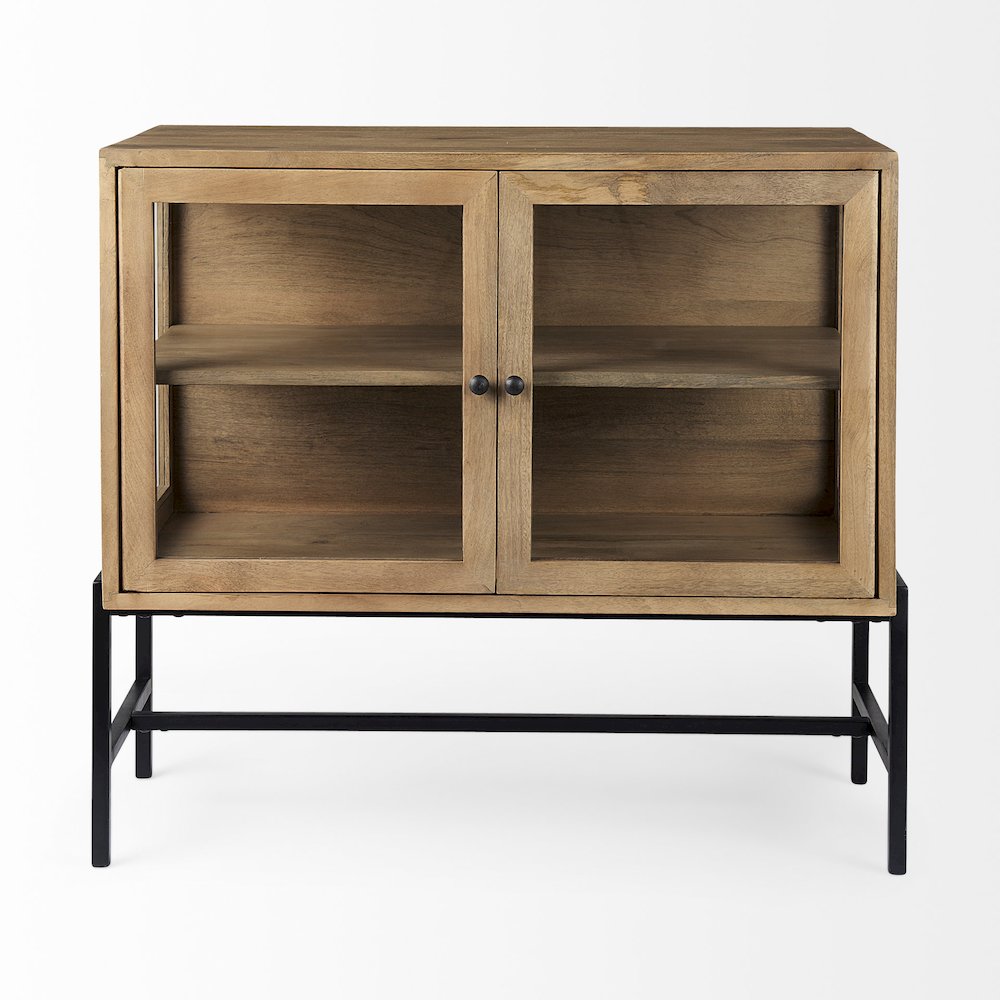 36L X 18W X 32H Light Brown Wood, Black Metal Base 2 Glass Doors Accent Cabinet. Picture 6
