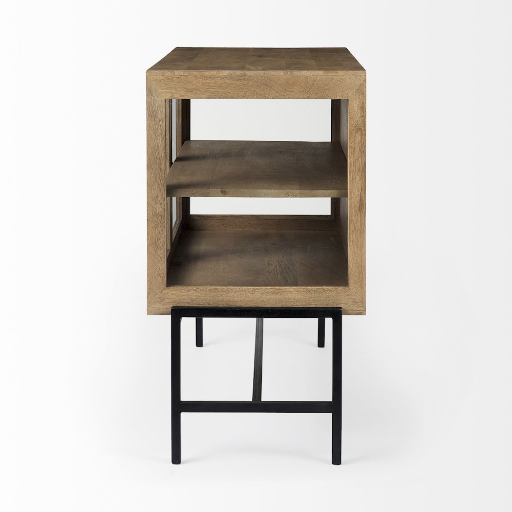 36L X 18W X 32H Light Brown Wood, Black Metal Base 2 Glass Doors Accent Cabinet. Picture 7