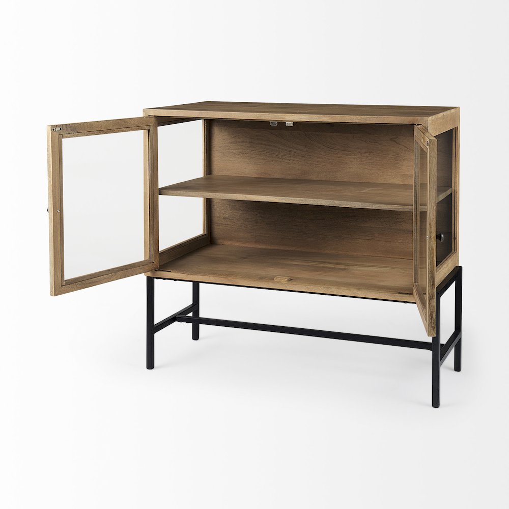 36L X 18W X 32H Light Brown Wood, Black Metal Base 2 Glass Doors Accent Cabinet. Picture 8