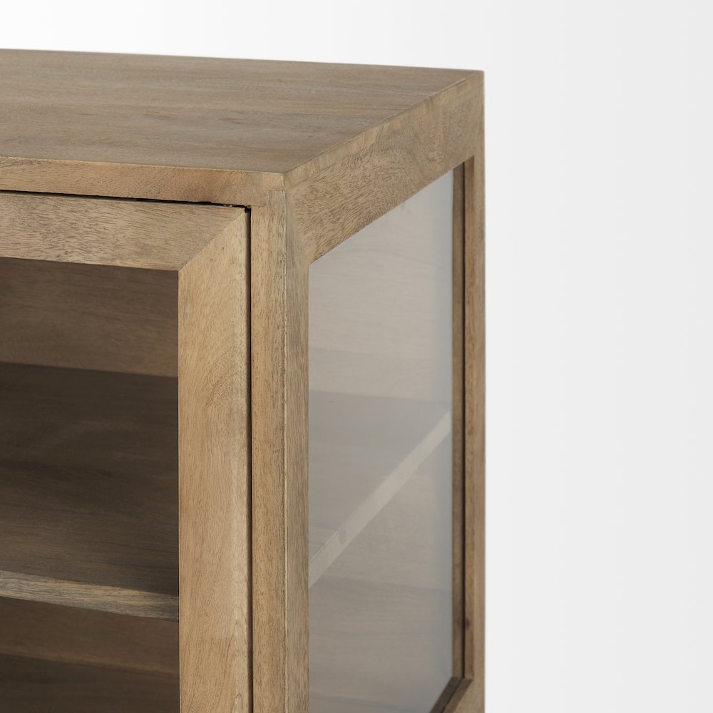 36L X 18W X 32H Light Brown Wood, Black Metal Base 2 Glass Doors Accent Cabinet. Picture 9