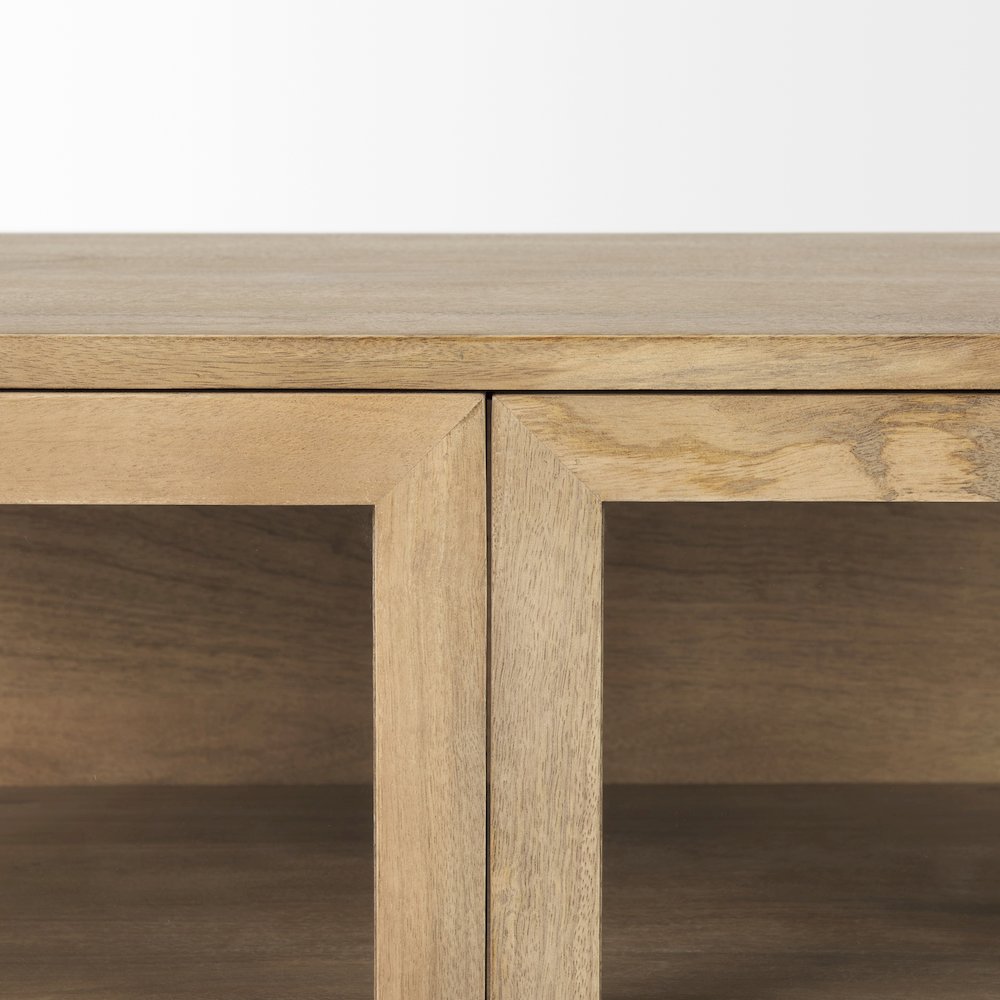 36L X 18W X 32H Light Brown Wood, Black Metal Base 2 Glass Doors Accent Cabinet. Picture 10