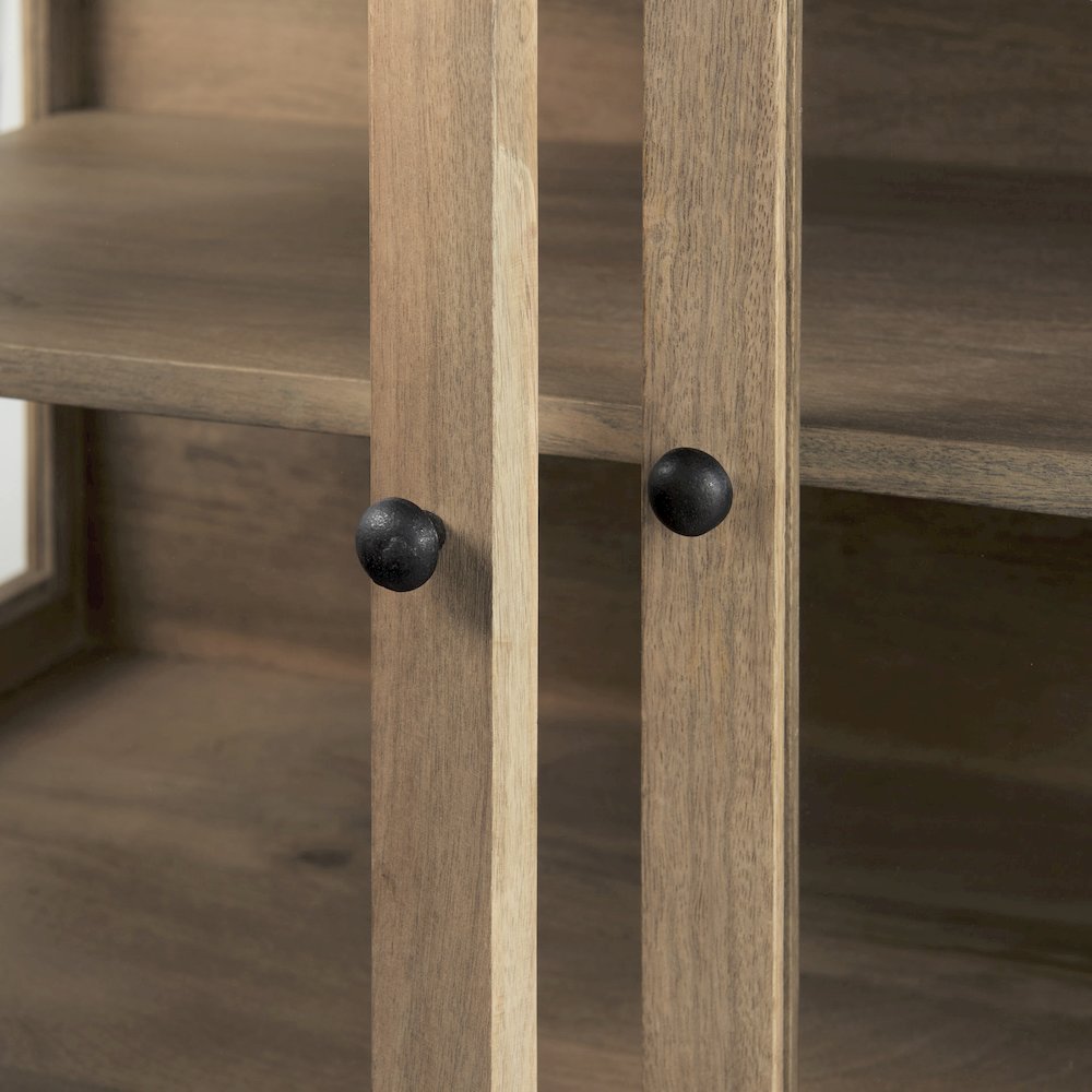 36L X 18W X 32H Light Brown Wood, Black Metal Base 2 Glass Doors Accent Cabinet. Picture 11