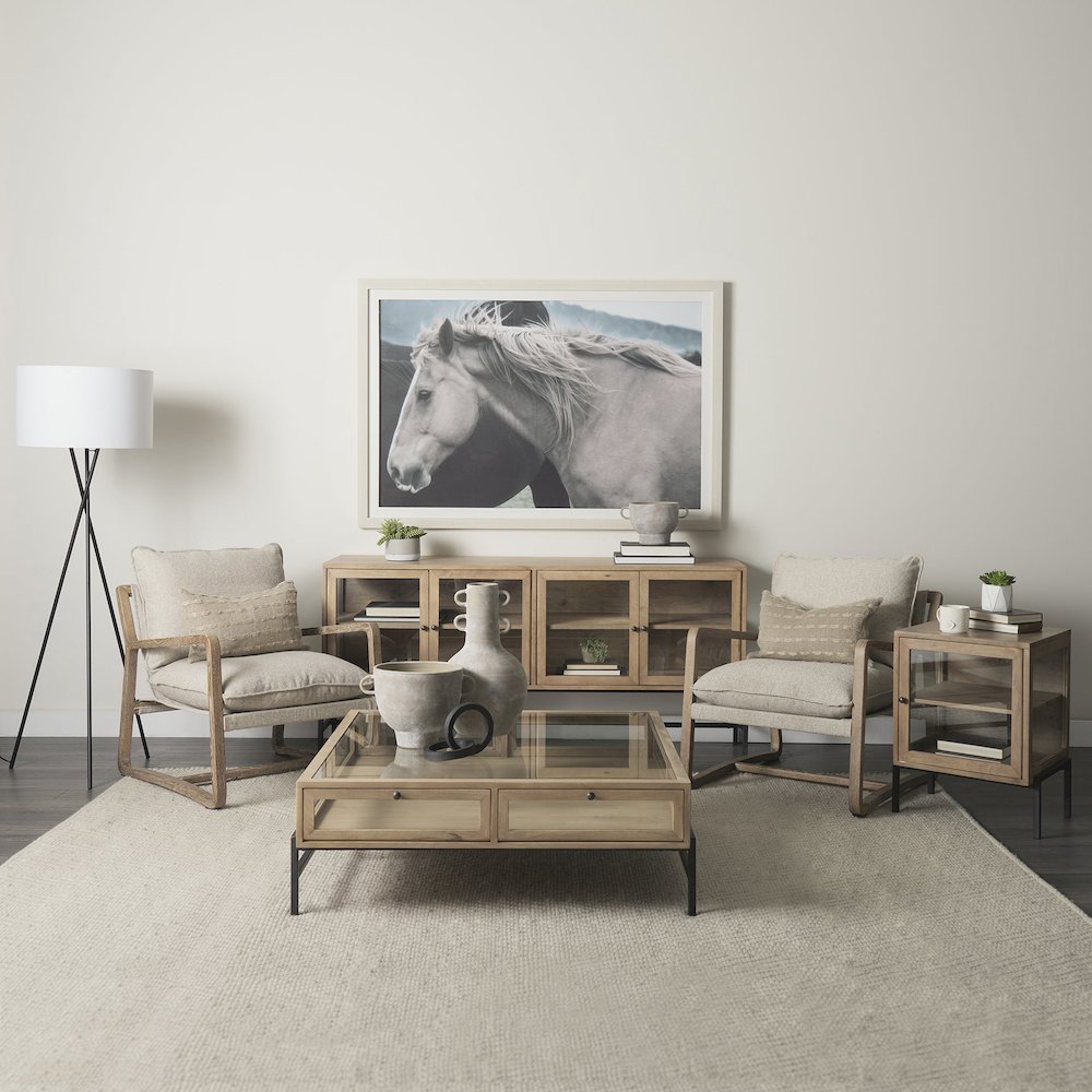 Light Brown Wood, Black Metal Base 4 Glass Cabinet Doors Sideboard. Picture 5