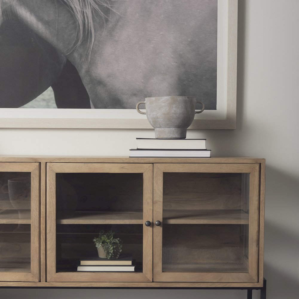 Light Brown Wood, Black Metal Base 4 Glass Cabinet Doors Sideboard. Picture 6