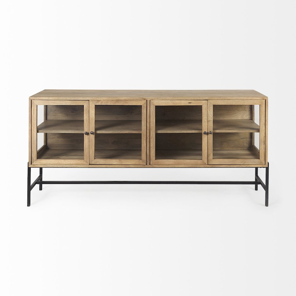 Light Brown Wood, Black Metal Base 4 Glass Cabinet Doors Sideboard. Picture 8